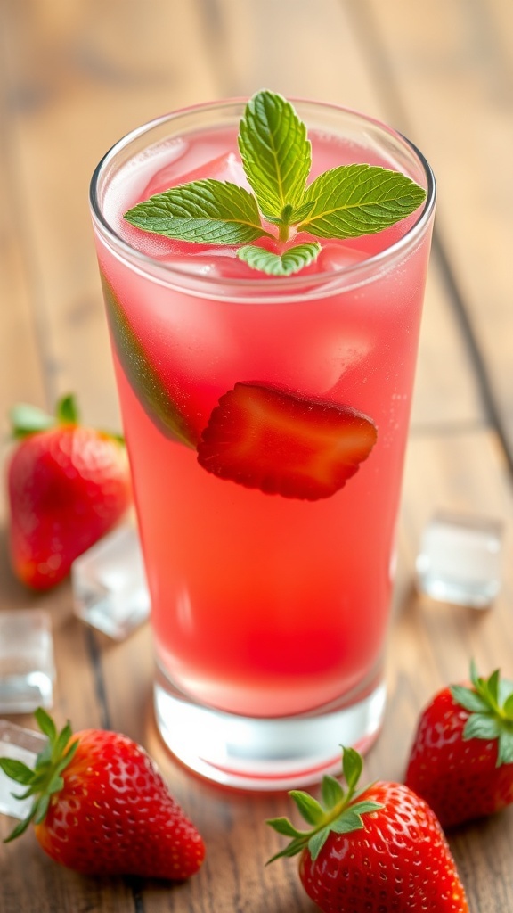 A glass of Strawberry Green Tea Energizer with mint leaves and strawberries on a wooden table.